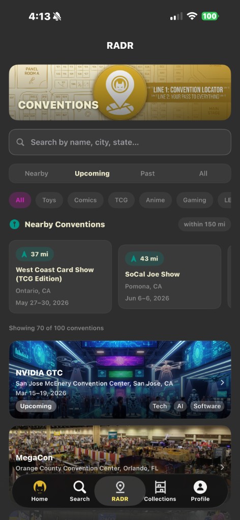 RADR convention list and search in ToyHuntr